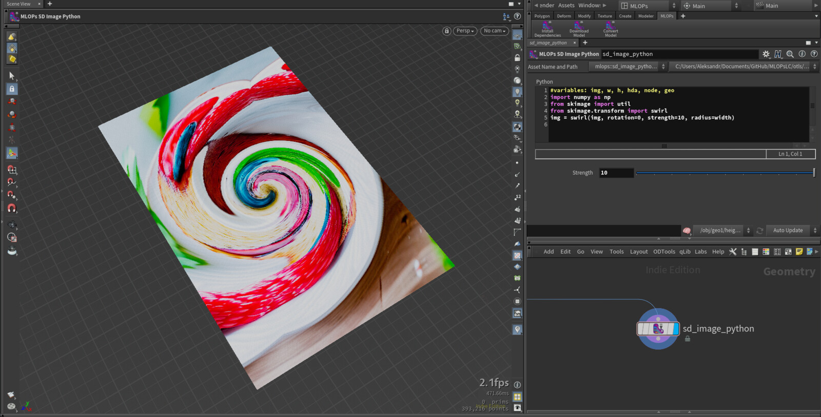 SD Image Python
This node allows processing Colored Points by representing them as a three-dimensional numpy array in the variable "img" with a shape of (w, h, c), where w and h are the width and height in pixels, "c" - represents r,g,b channels.