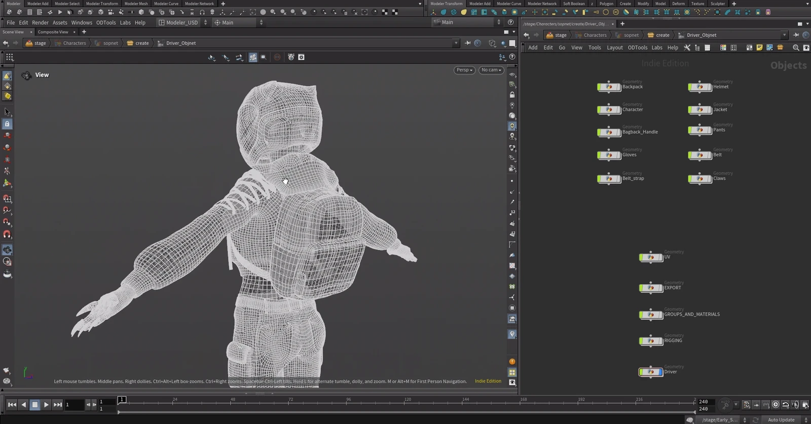 The pants, top, gloves, and backpack were sculpted in ZBrush and moved into Houdini using Z for Houdini.