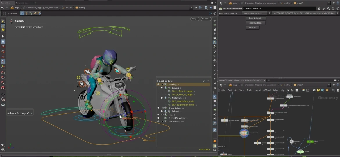 The steering uses APEX Selection sets so the handlebars naturally follow the character’s hands.