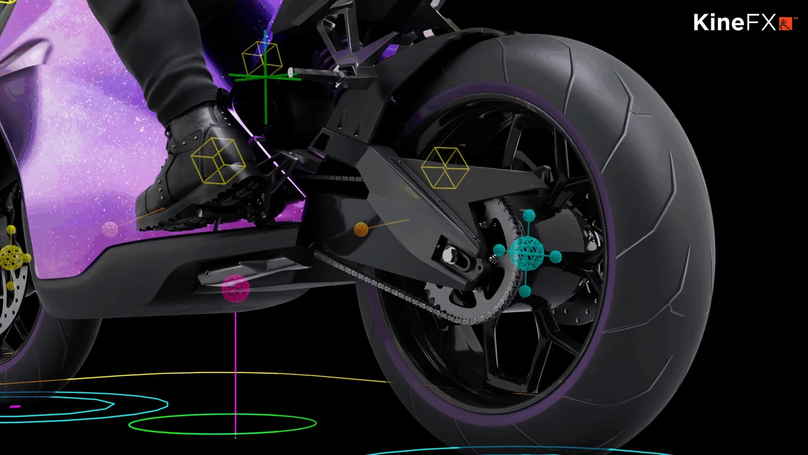 Special logic was added for shock absorber squash and stretch, moving chain links, and tire deformation.